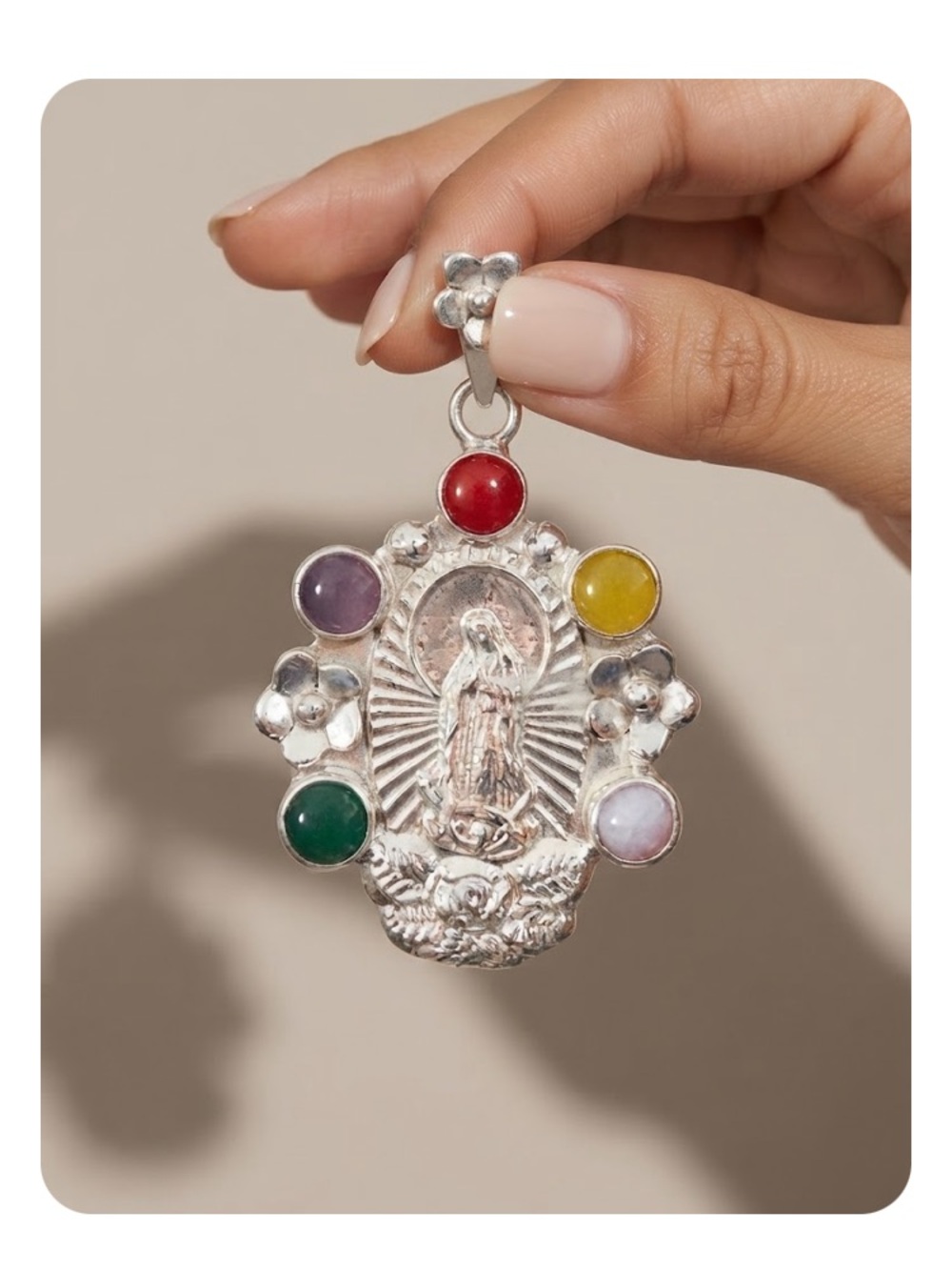 Multicolor Virgin Mary Medal w/ opal, amber,coral,Amethyst,Chalcedony Silver 950
